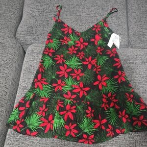 Red and Green Mini Dress with Tropical Print